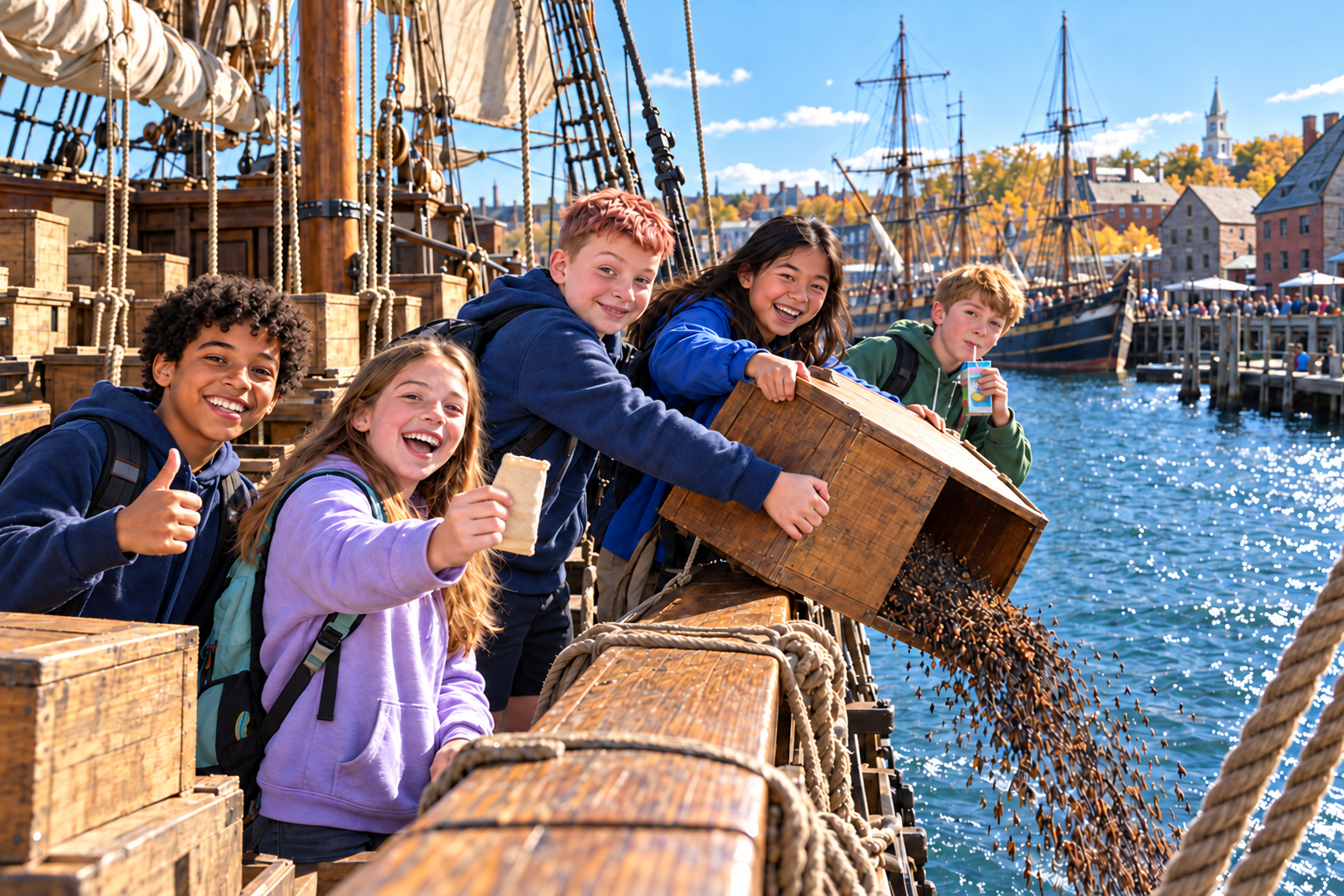 Imagined Boston Tea Party scene: five children on a sailing ship, one tipping tea into the harbor