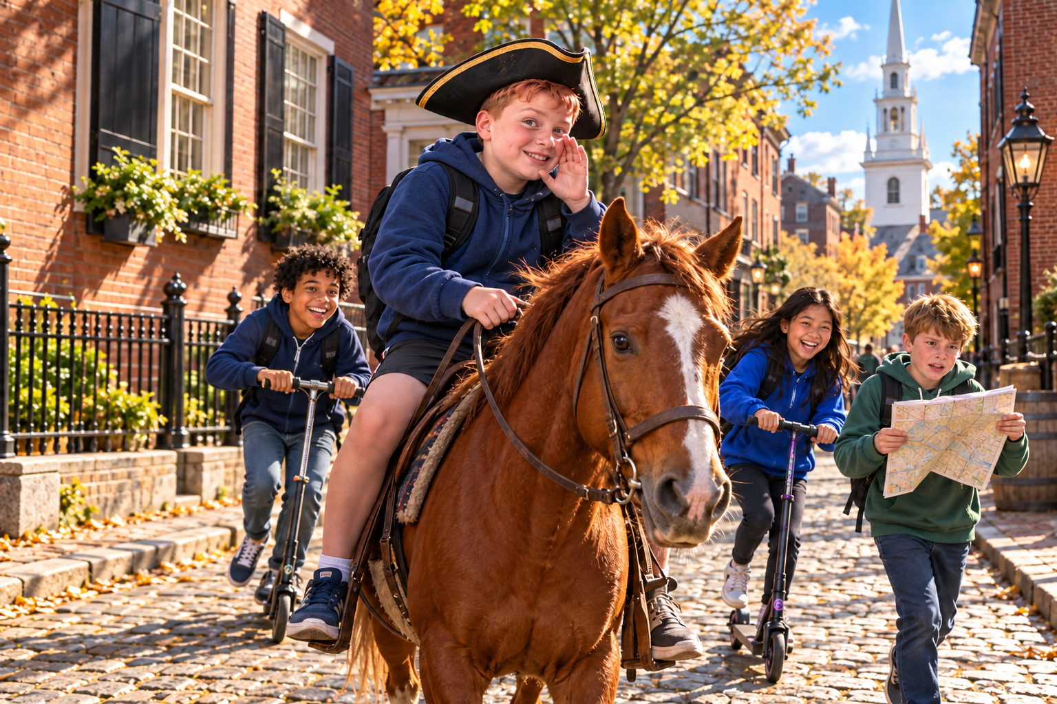 Imagined scene of a child riding a chestnut horse while friends follow along a Boston street