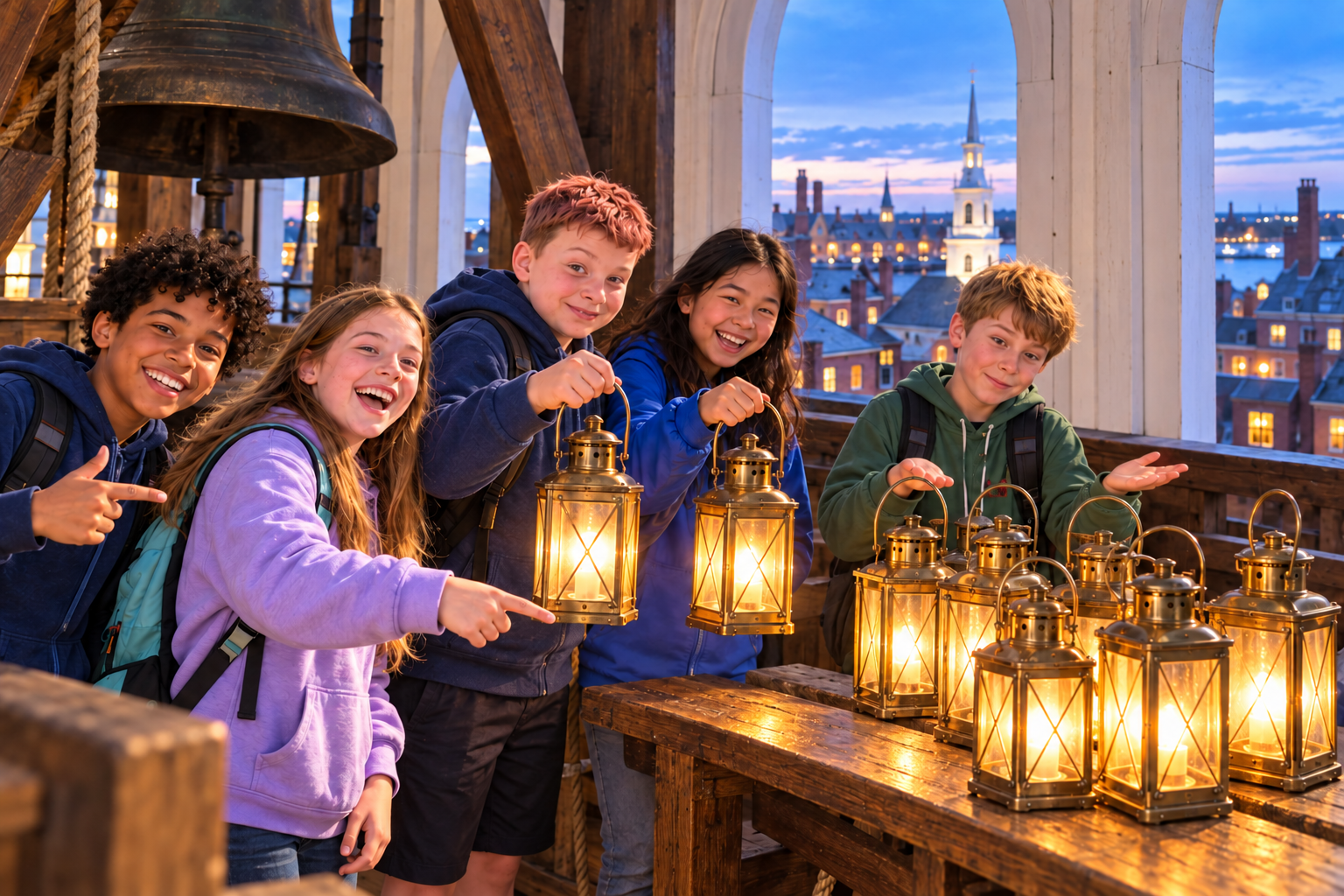 Imagined scene of children holding glowing lanterns beside a bell above Boston at dusk