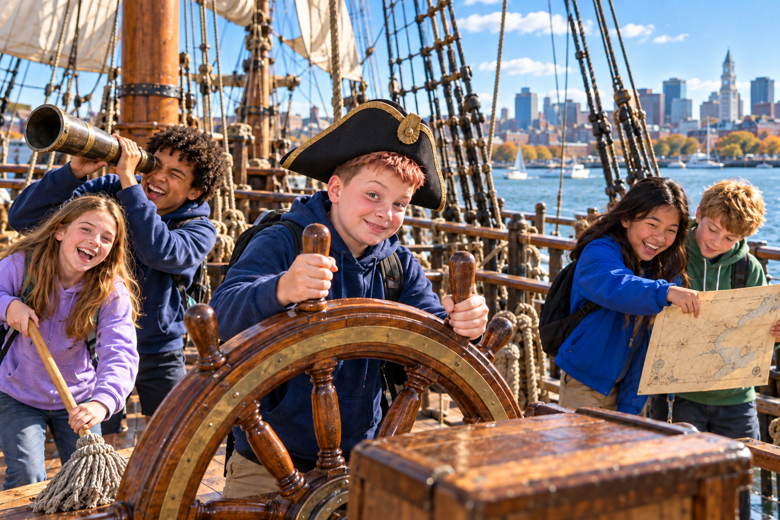 Imagined scene of children aboard a sailing ship, one steering at the wheel